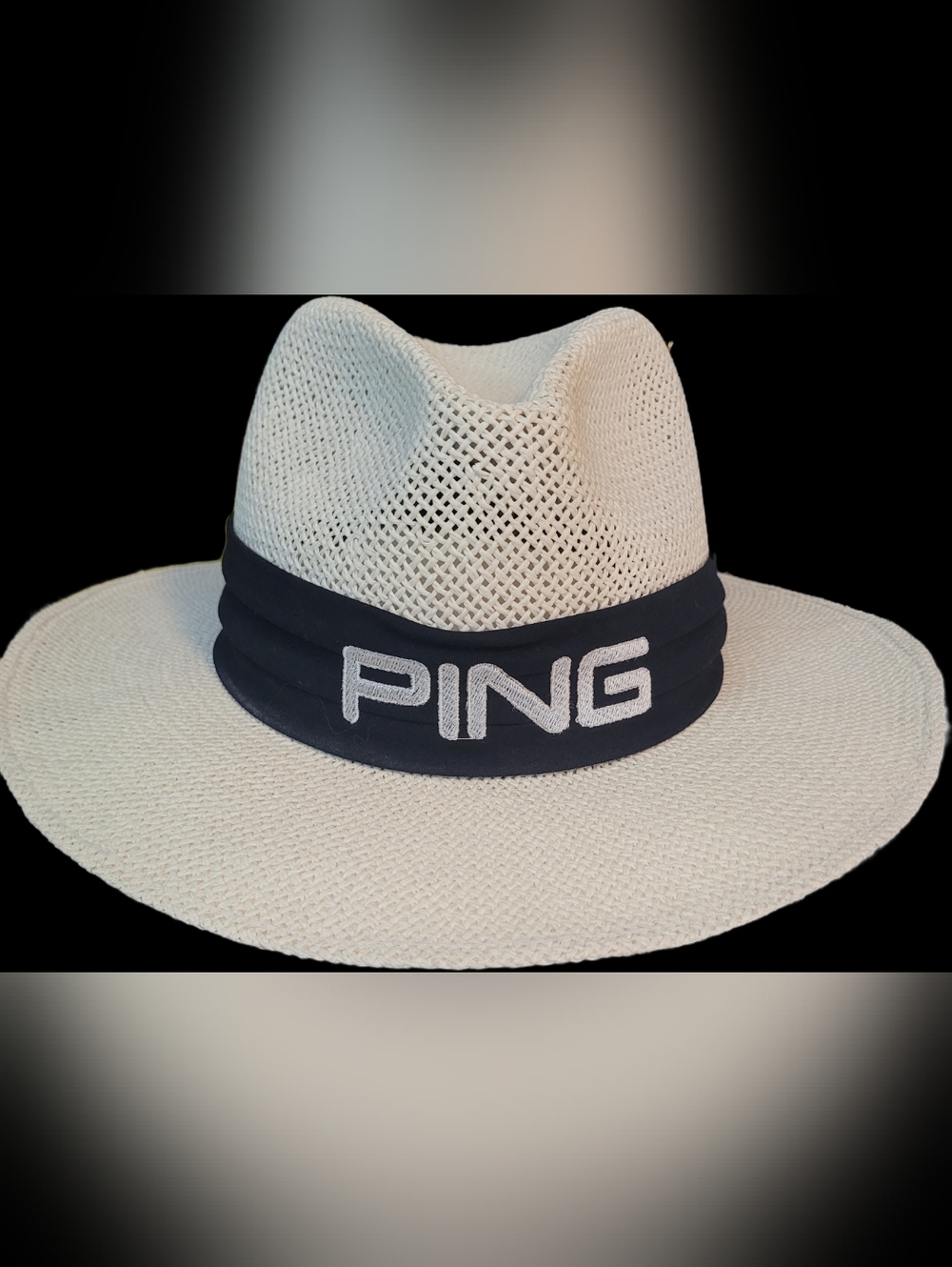 PING Men's Large Warm-White Straw Fedora with Black Band and Logo
